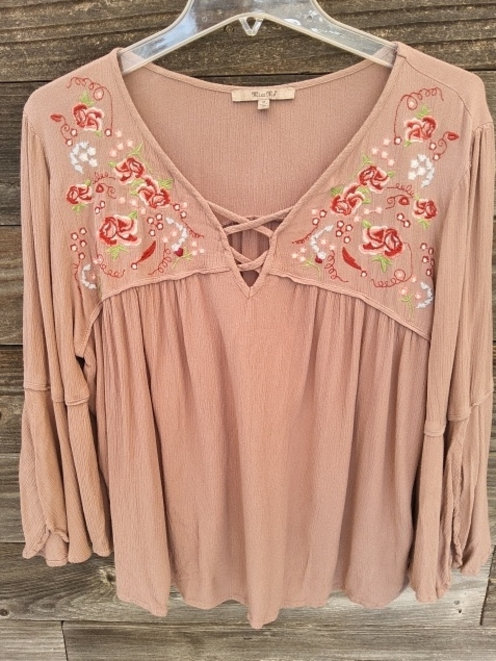 Miss Me Dusty Rose Embroidered Lace-Up Peasant Top Size Medium